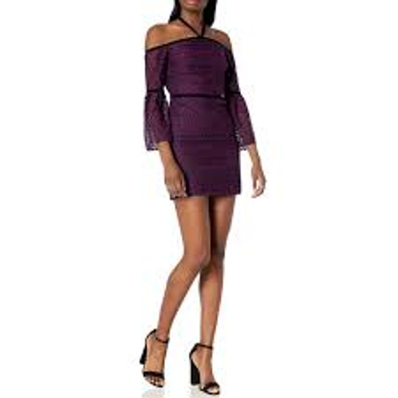 Likely Kakki Purple Off The Shoulder Halter Tie Micro Mini Dress  Size 4 NWT - Picture 1 of 16
